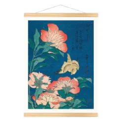 Japanese Woodblock Print - Peonies & Canary -Nippon Life Market estampe japonaise pivoines canari a3 438