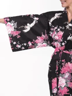 Happi Kimono Women - Black Crane & Flowers -Nippon Life Market kimono happi femme noir grue fleurs taille unique 149