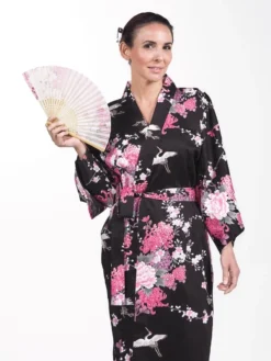 Happi Kimono Women - Black Crane & Flowers -Nippon Life Market kimono happi femme noir grue fleurs taille unique 231