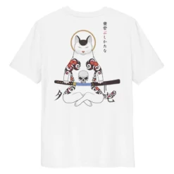 Japanese Tee Shirt - Samurai Cat -Nippon Life Market t shirt japonais chat samourai s blanc 715