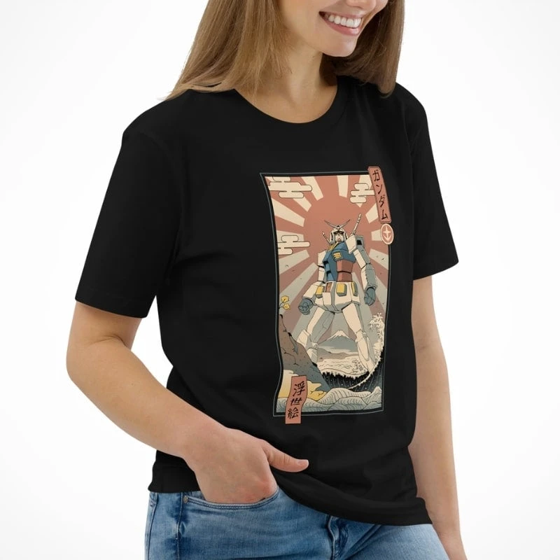 Japanese Tee Shirt - Ukiyo-e Mecha & Fuji 2 Japanese Tee Shirt - Ukiyo-e Mecha & Fuji - Image 2
