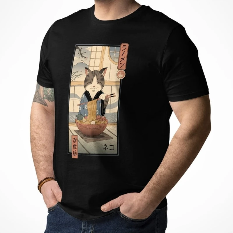 Japanese Tee Shirt - Ukiyo-e Neko Ramen 2 Japanese Tee Shirt - Ukiyo-e Neko Ramen - Image 2