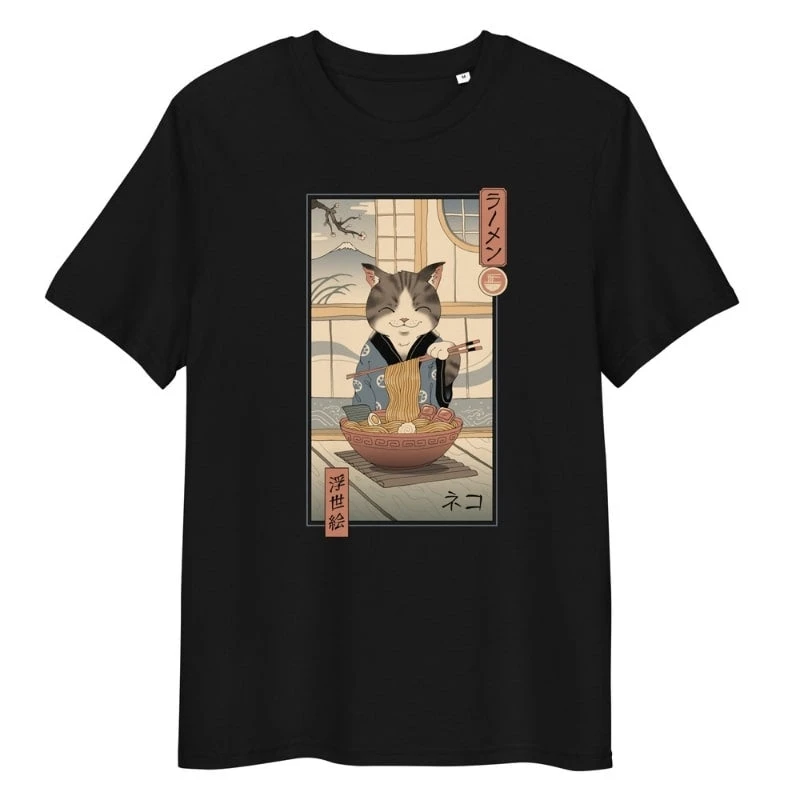 Japanese Tee Shirt - Ukiyo-e Neko Ramen 3 Japanese Tee Shirt - Ukiyo-e Neko Ramen - Image 3